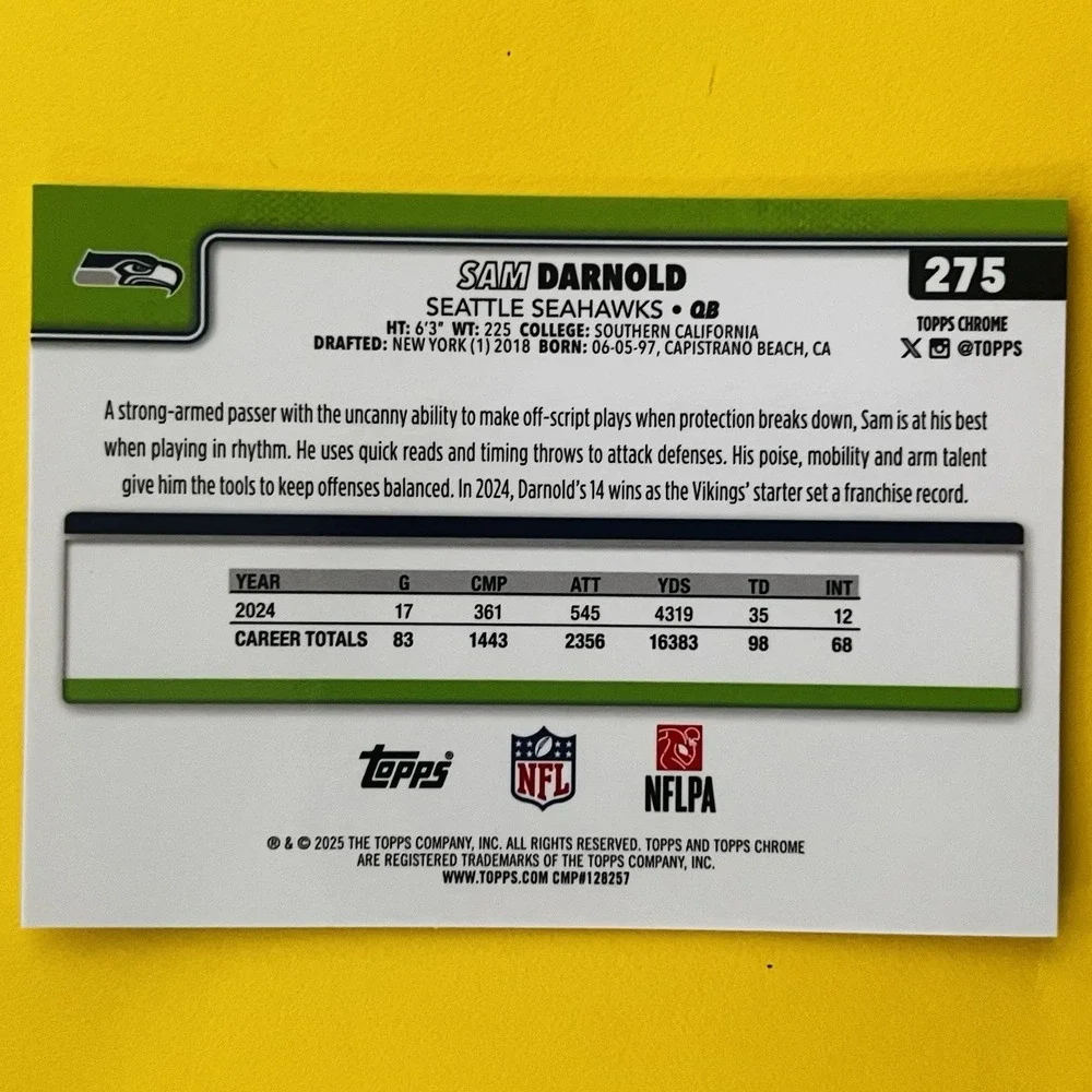 2025‎ Topps Chrome NFL Football Sam Darnold #275 Seattle Seahawks